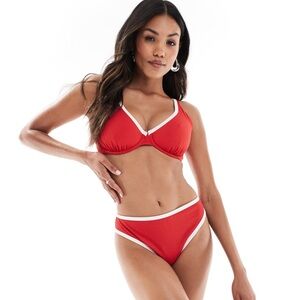 Hollister Red Ribbed Underwire Bikini Set with White Trim - Medium